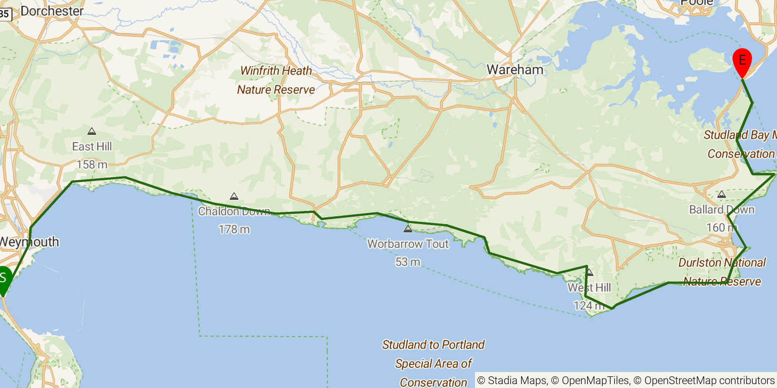 Route map of the South West Coast Path — Sections 50–52: Ferrybridge to South Haven Point on OpenStreetMap terrain