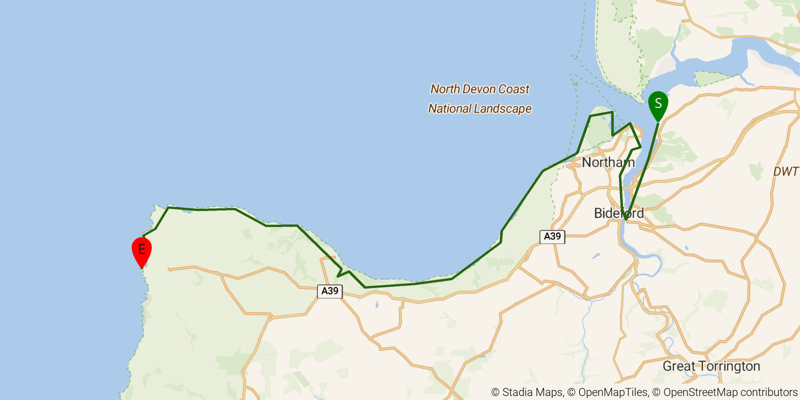 Route map of the South West Coast Path — Sections 7–9: Instow to Hartland Quay on OpenStreetMap terrain