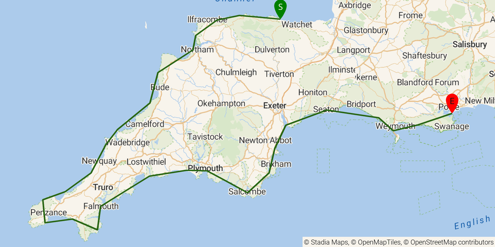 Route map of the South West Coast Path on OpenStreetMap terrain