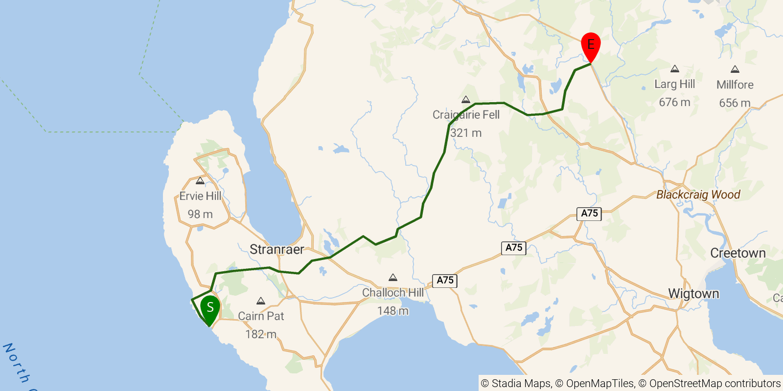 Route map of the Southern Upland Way — Sections 1–2: Portpatrick to Bargrennan on OpenStreetMap terrain
