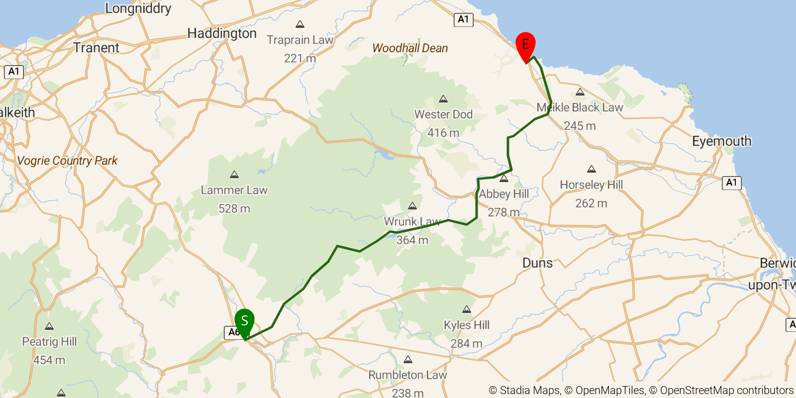 Route map of the Southern Upland Way — Sections 11–12: Lauder to Cockburnspath on OpenStreetMap terrain