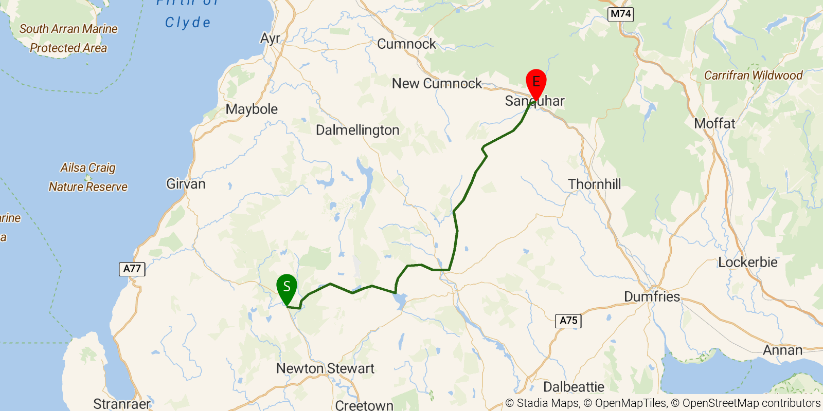 Route map of the Southern Upland Way — Sections 3–4: Bargrennan to Sanquhar on OpenStreetMap terrain