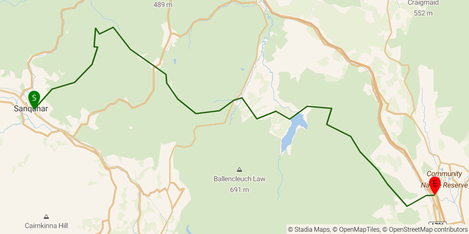 Route map of the Southern Upland Way — Sections 5–6: Sanquhar to Beattock on OpenStreetMap terrain