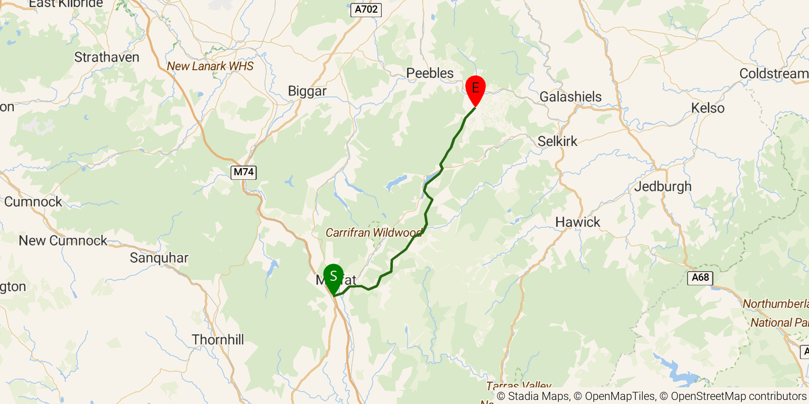 Route map of the Southern Upland Way — Sections 7–8: Beattock to Traquair on OpenStreetMap terrain