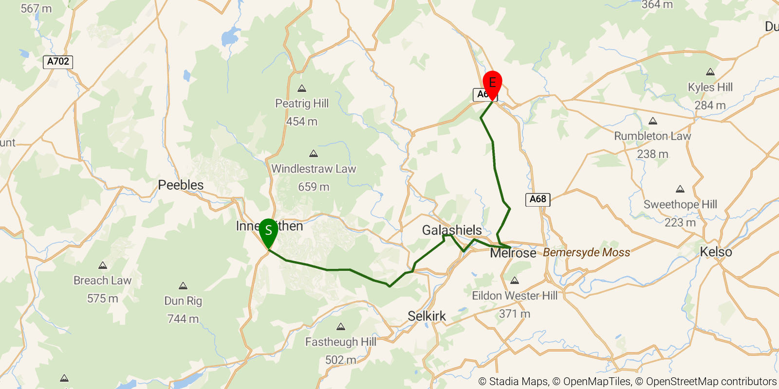 Route map of the Southern Upland Way — Sections 9–10: Traquair to Lauder on OpenStreetMap terrain