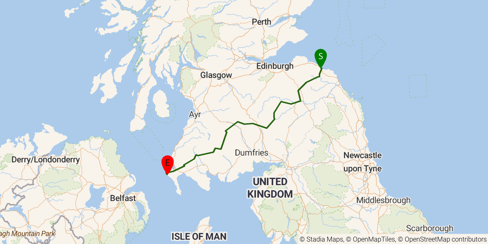 Route map of the Southern Upland Way on OpenStreetMap terrain