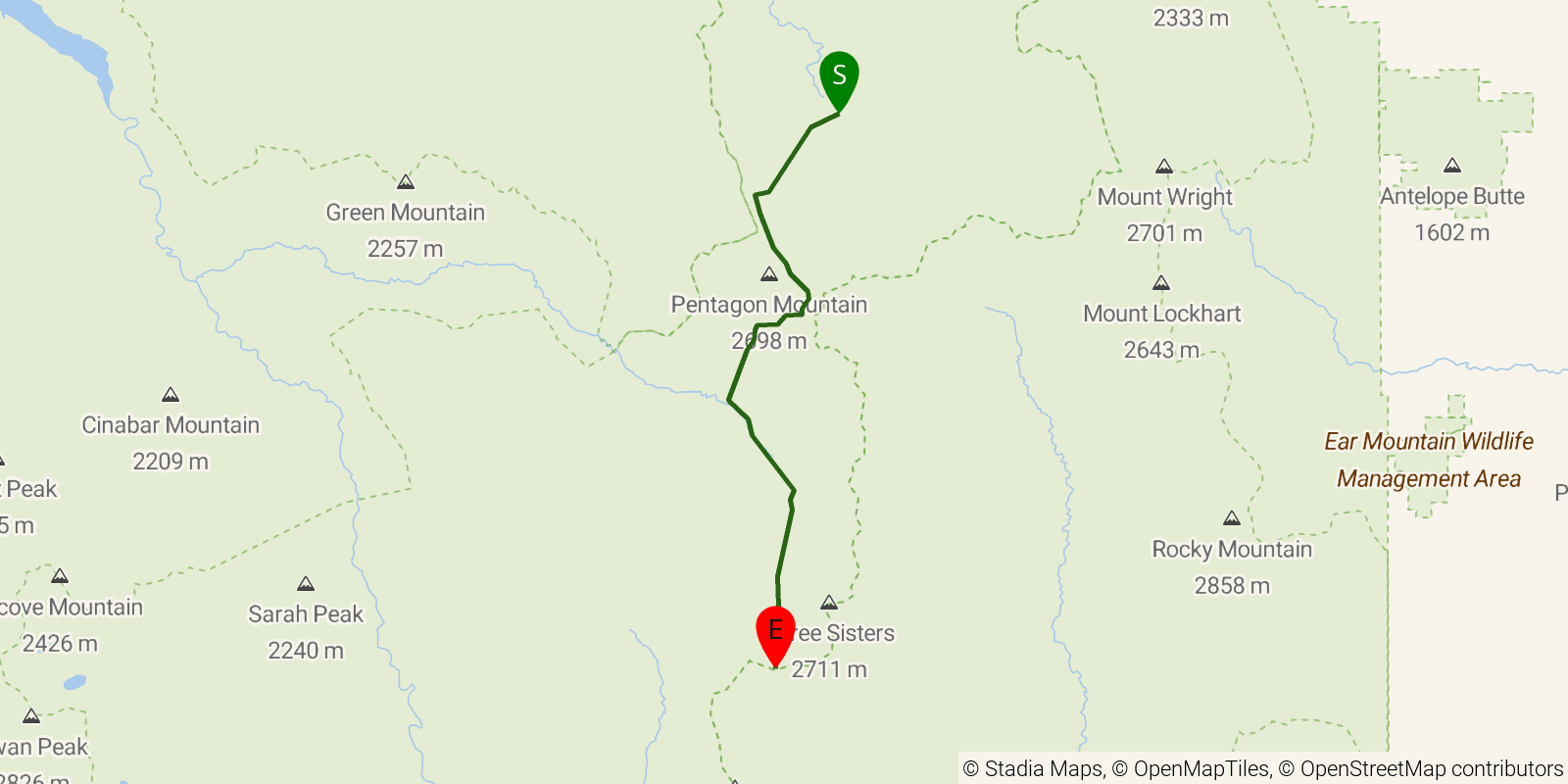 Route map of the Spotted Bear Pass Route (Bob Marshall) on OpenStreetMap terrain