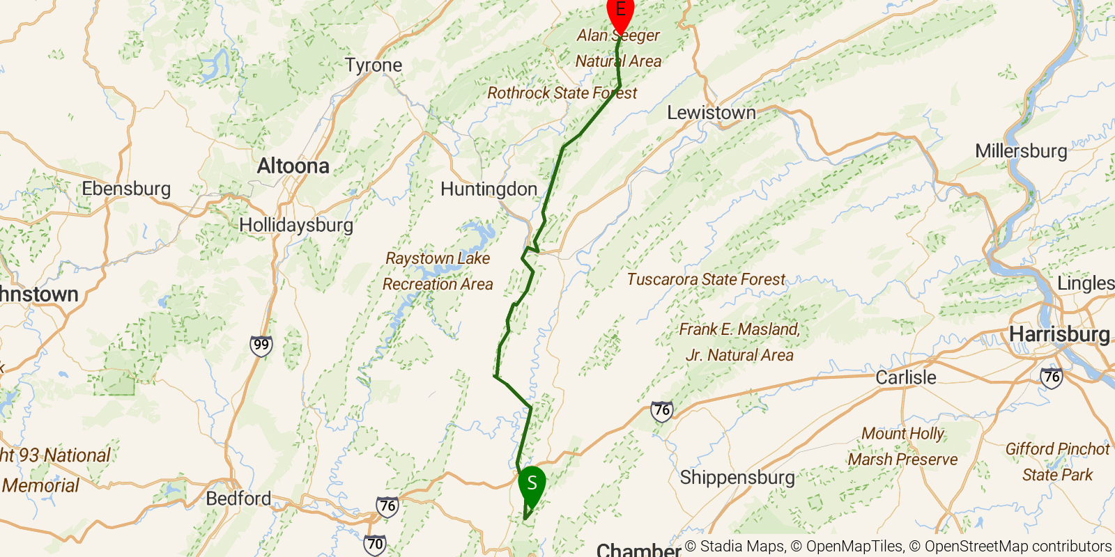 Route map of the Standing Stone Trail on OpenStreetMap terrain