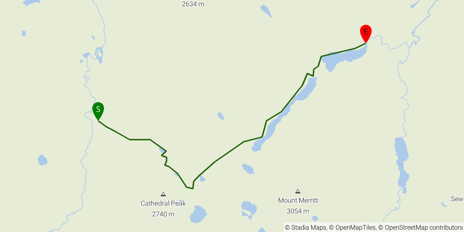 Route map of the Stoney Indian Pass Trail on OpenStreetMap terrain