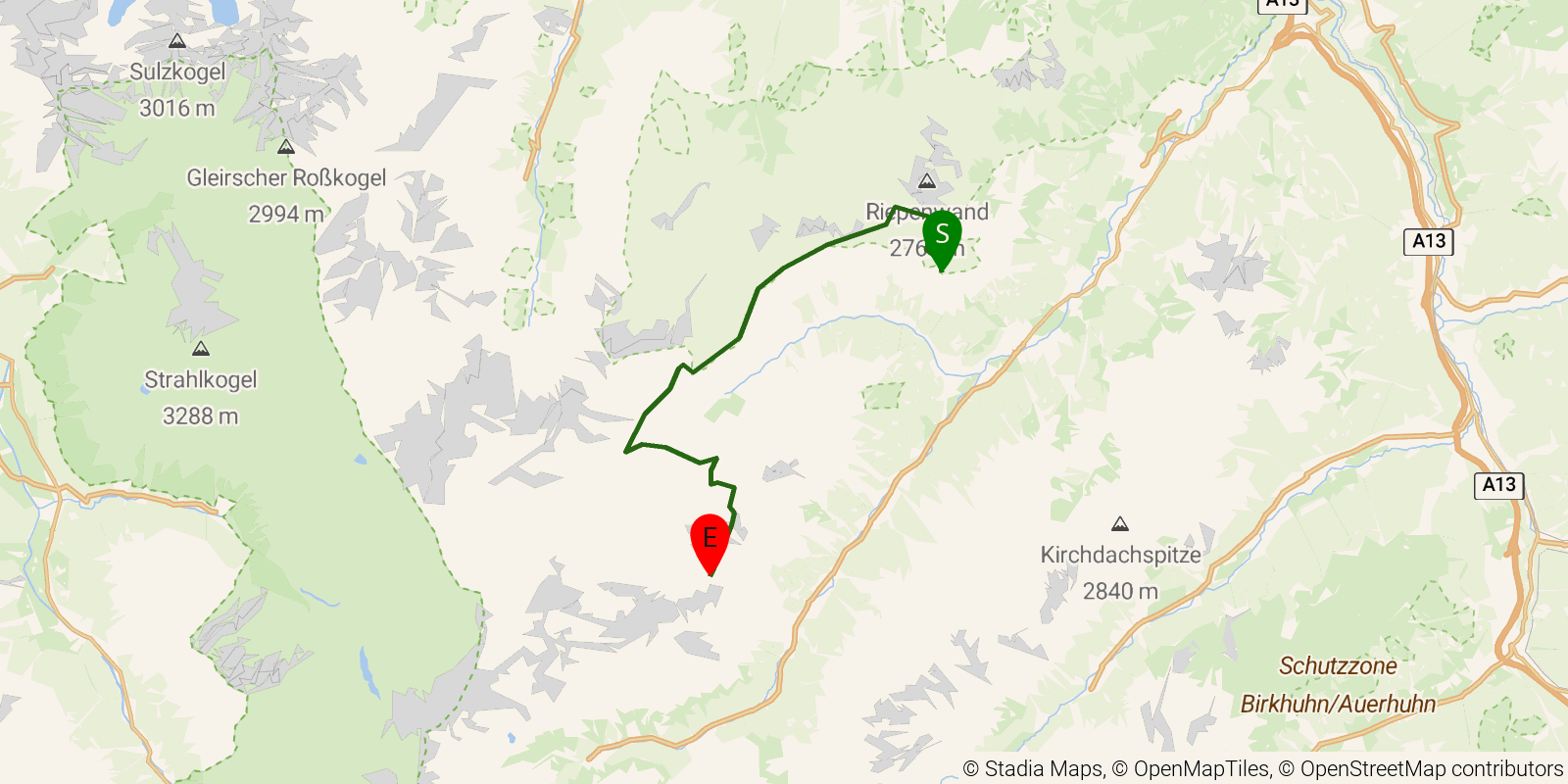 Route map of the Stubai High Trail — Stages 1–2: Starkenburger Hütte to Neue Regensburger Hütte on OpenStreetMap terrain