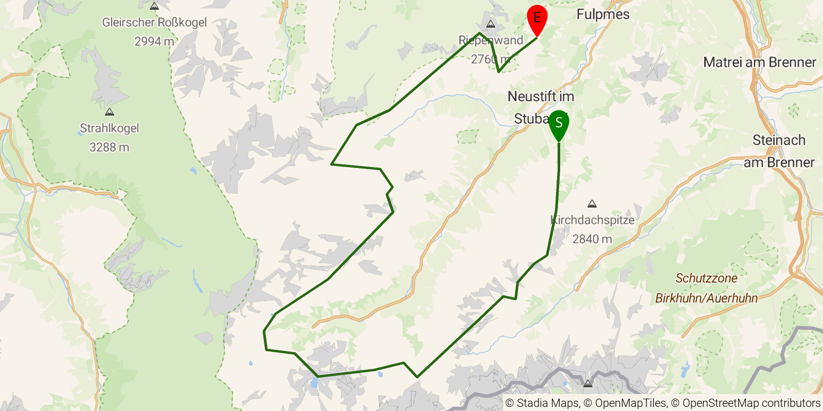 Route map of the Stubai High Trail on OpenStreetMap terrain