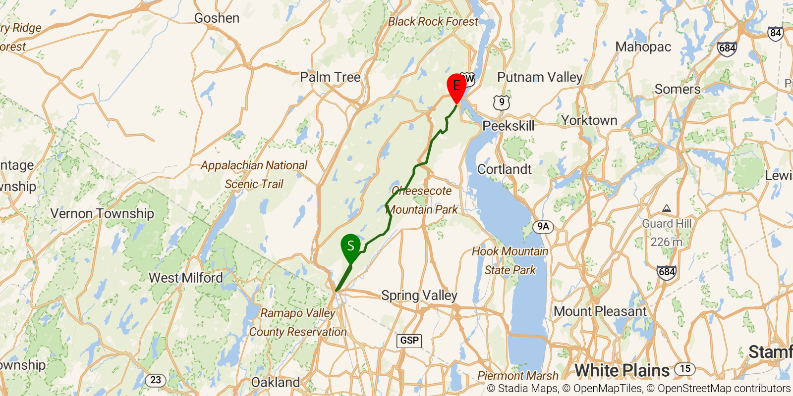 Route map of the Suffern–Bear Mountain Trail on OpenStreetMap terrain