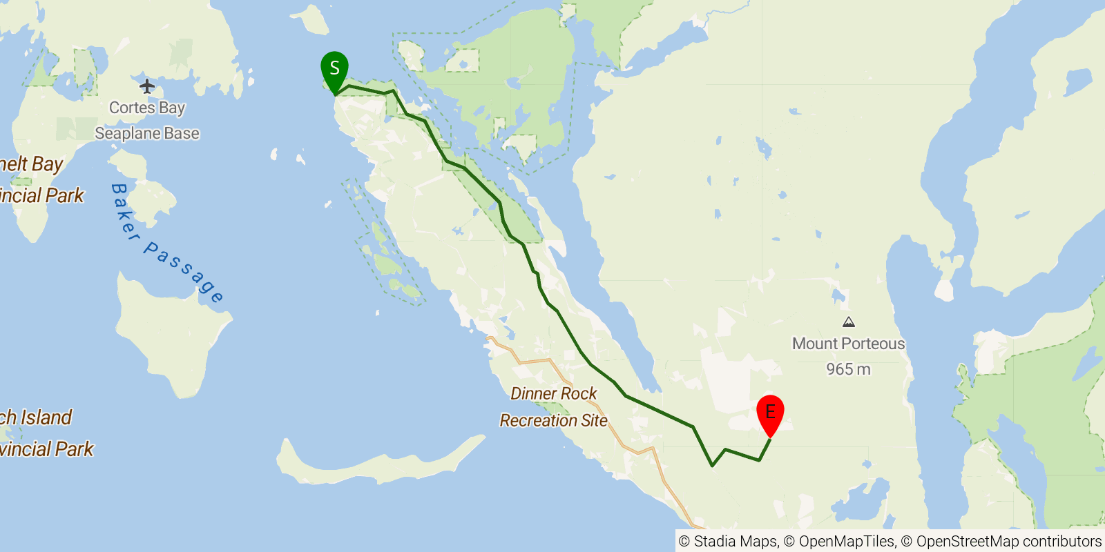 Route map of the Sunshine Coast Trail — Section 1: Sarah Point to Rieveley Pond on OpenStreetMap terrain