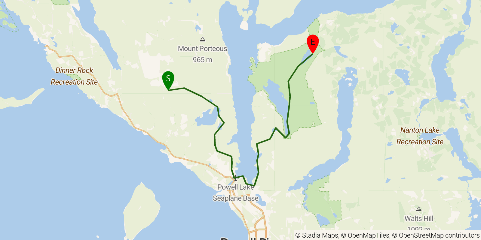 Route map of the Sunshine Coast Trail — Section 2: Rieveley Pond to Confederation Lake on OpenStreetMap terrain