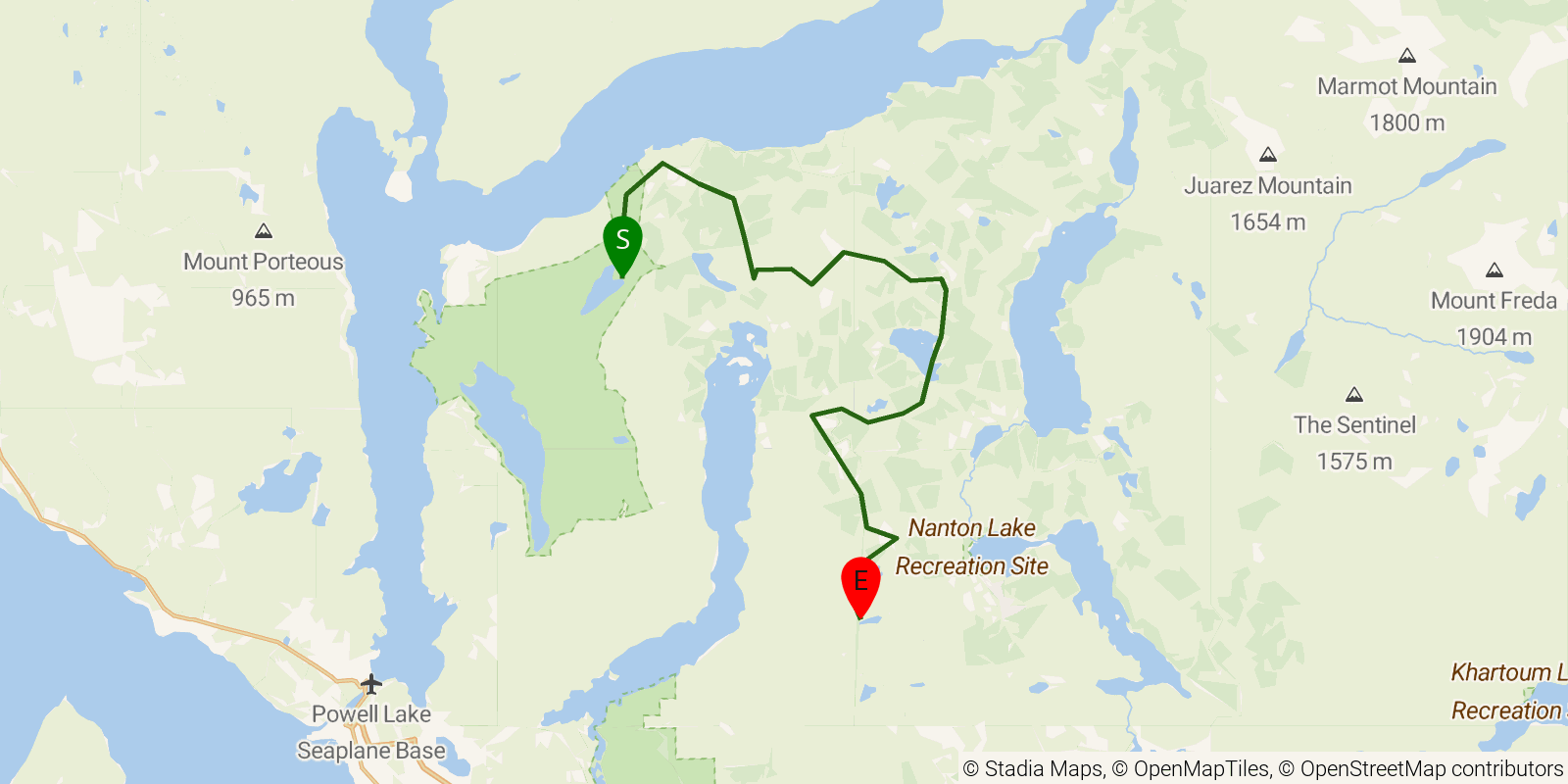 Route map of the Sunshine Coast Trail — Section 3: Confederation Lake to Elk Lake on OpenStreetMap terrain
