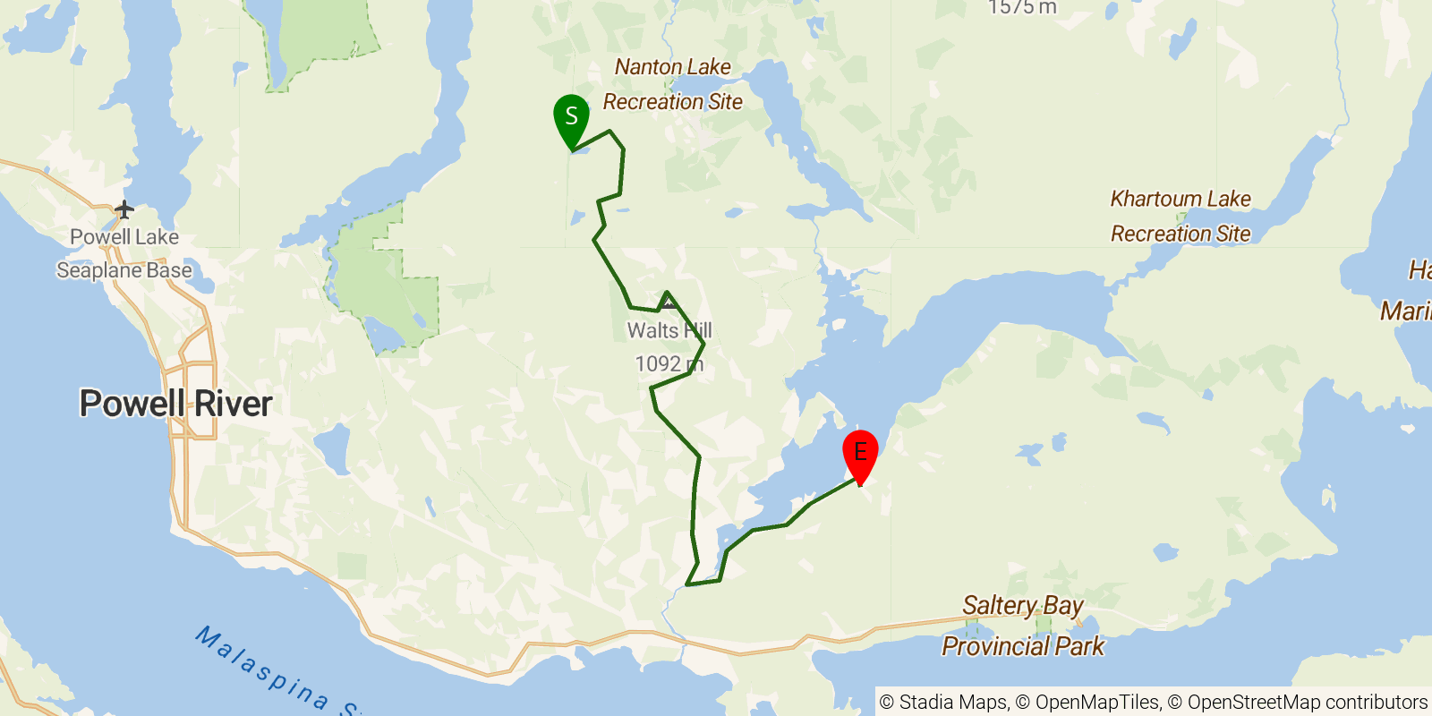 Route map of the Sunshine Coast Trail — Section 4: Elk Lake to Golden Stanley on OpenStreetMap terrain