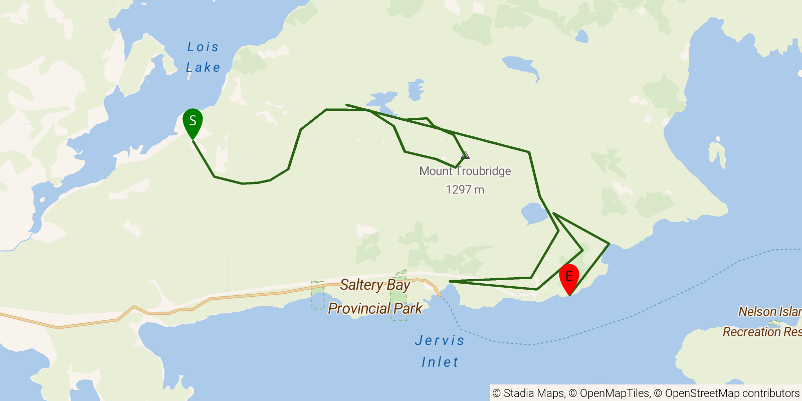 Route map of the Sunshine Coast Trail — Section 5: Golden Stanley to Saltery Bay on OpenStreetMap terrain