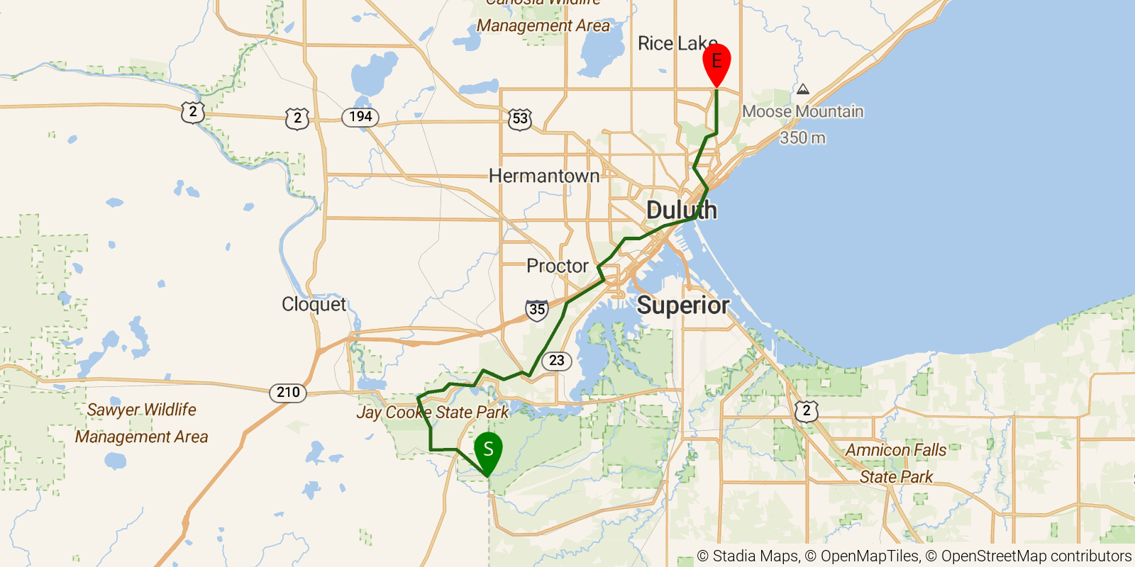 Route map of the Superior Hiking Trail — Region 1: Southern Terminus to Martin Road on OpenStreetMap terrain