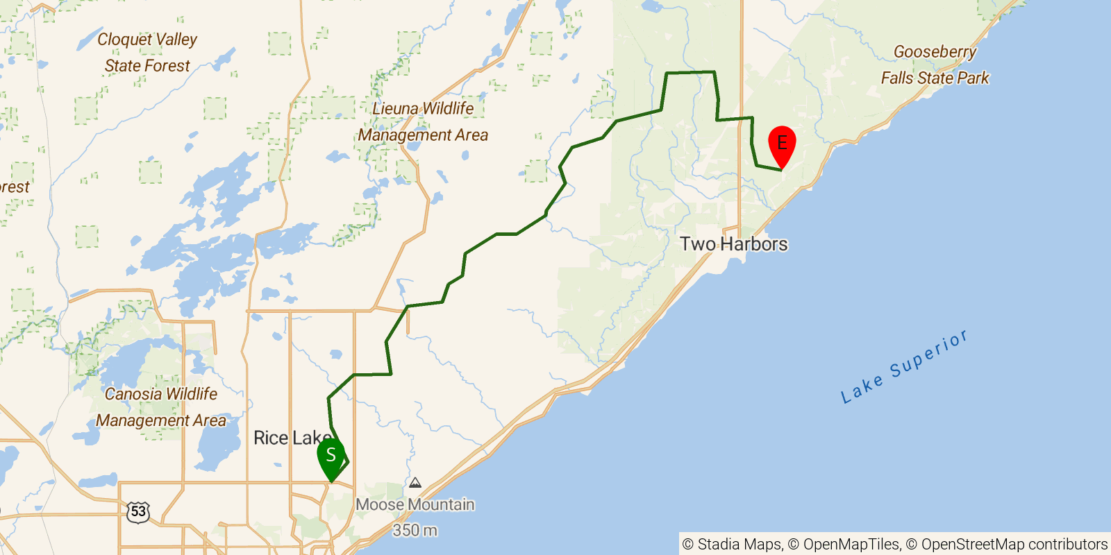 Route map of the Superior Hiking Trail — Region 2: Martin Road to Lake County Rd 301 / Fors Road on OpenStreetMap terrain