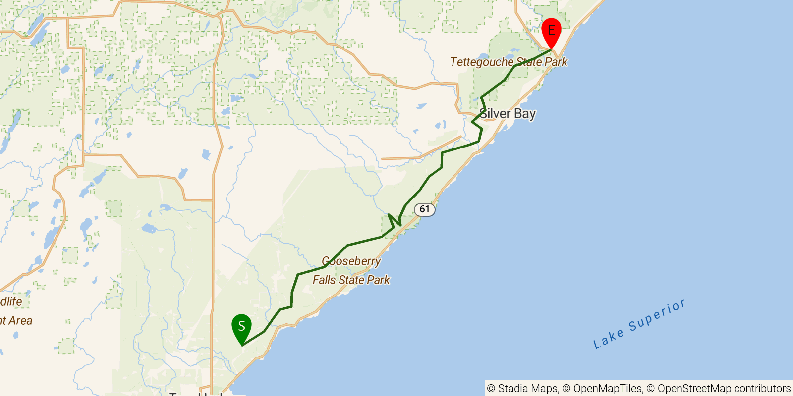 Route map of the Superior Hiking Trail — Region 3: Lake County Rd 301 / Fors Road to MN Highway 1 on OpenStreetMap terrain