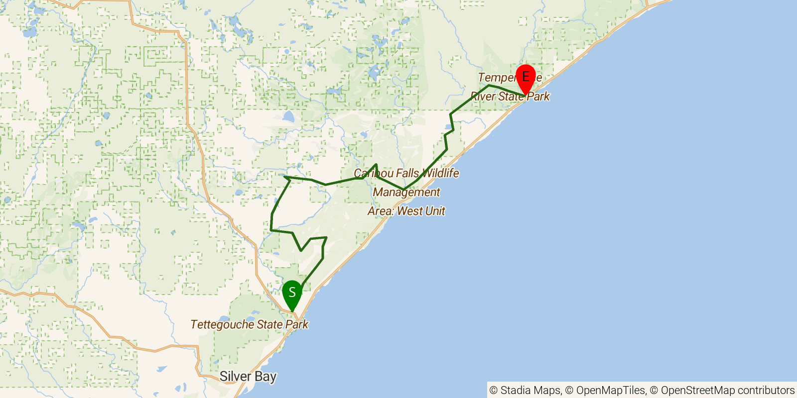 Route map of the Superior Hiking Trail — Region 4: MN Highway 1 to Temperance River Wayside on OpenStreetMap terrain