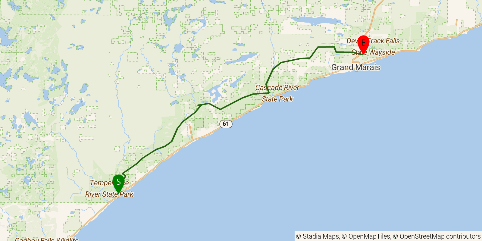 Route map of the Superior Hiking Trail — Region 5: Temperance River Wayside to Pincushion Mountain on OpenStreetMap terrain