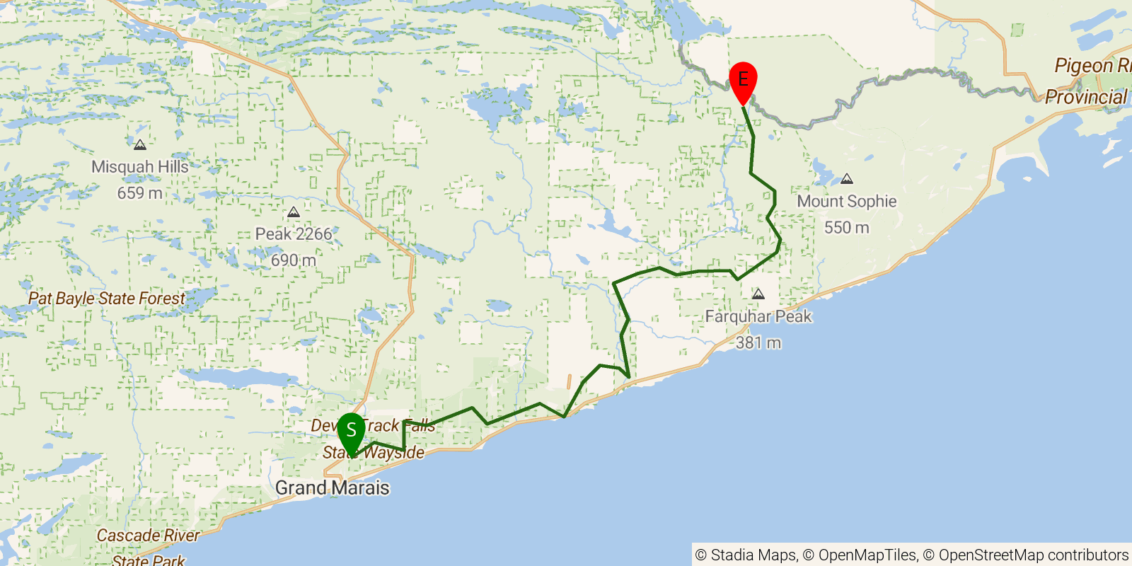 Route map of the Superior Hiking Trail — Region 6: Pincushion Mountain to Northern Terminus on OpenStreetMap terrain