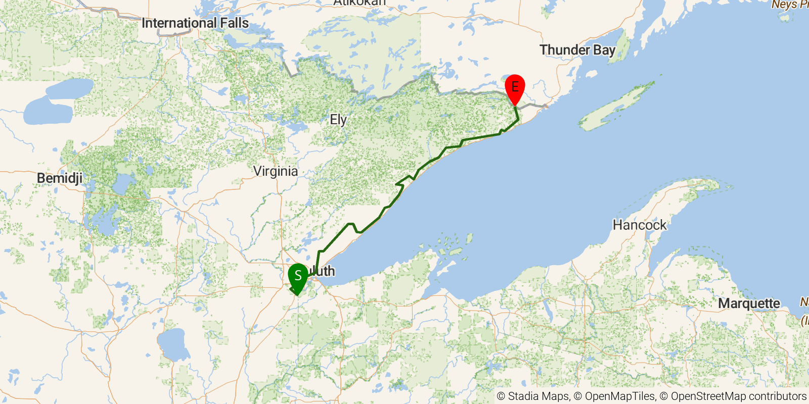 Route map of the Superior Hiking Trail on OpenStreetMap terrain