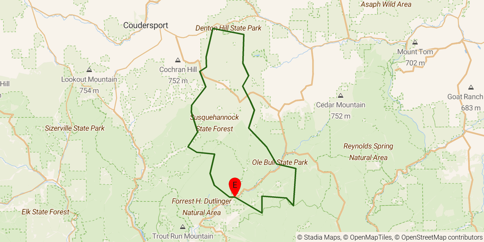 Route map of the Susquehannock Trail System on OpenStreetMap terrain