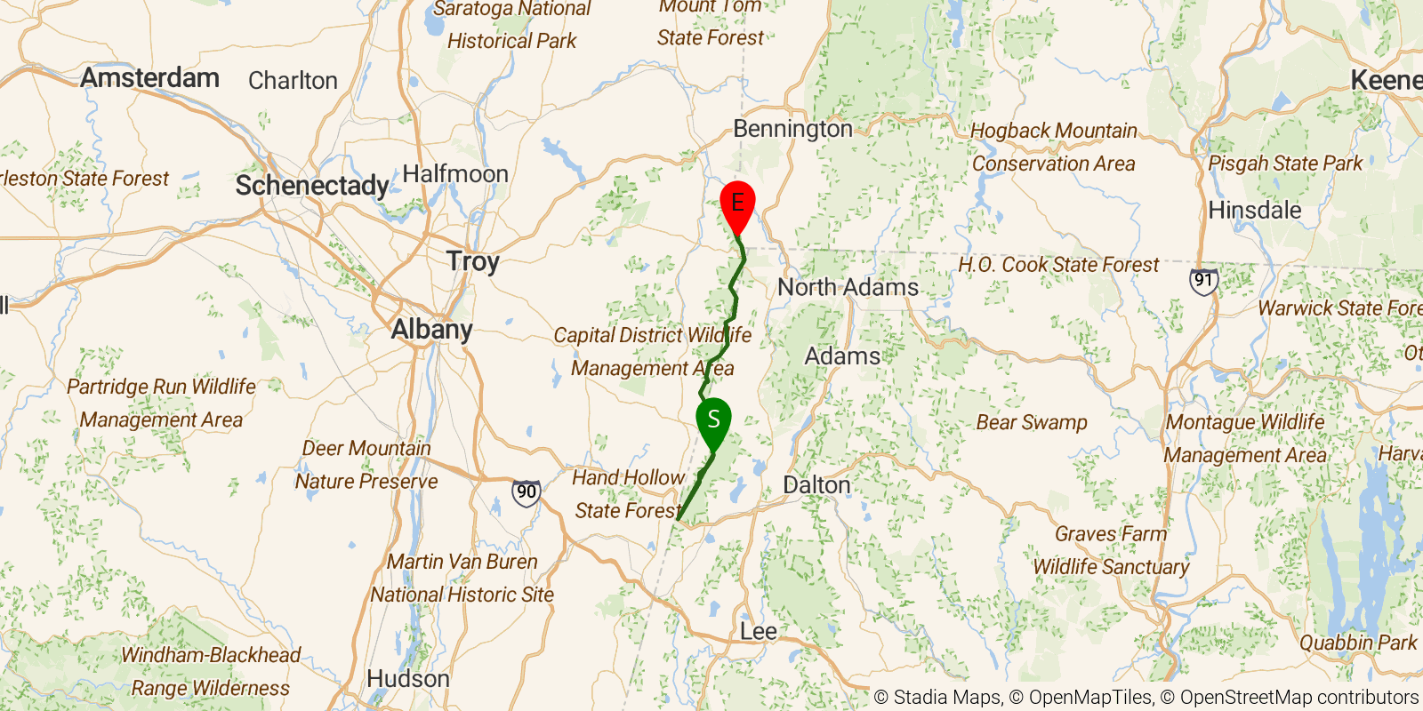 Route map of the Taconic Crest Trail on OpenStreetMap terrain