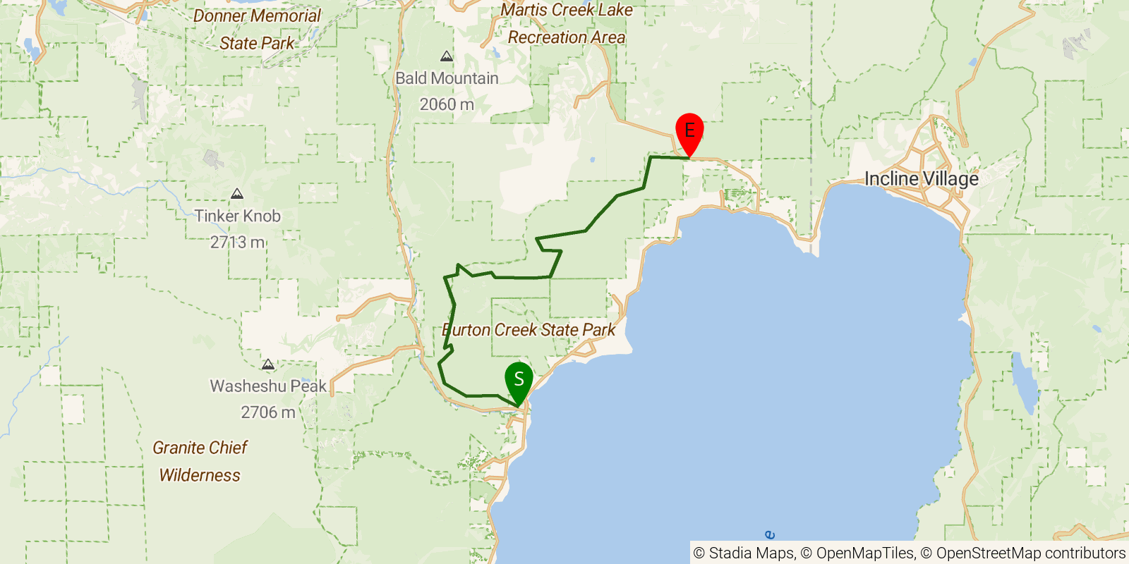 Route map of the Tahoe Rim Trail — Section 1: Tahoe City to Brockway Summit on OpenStreetMap terrain
