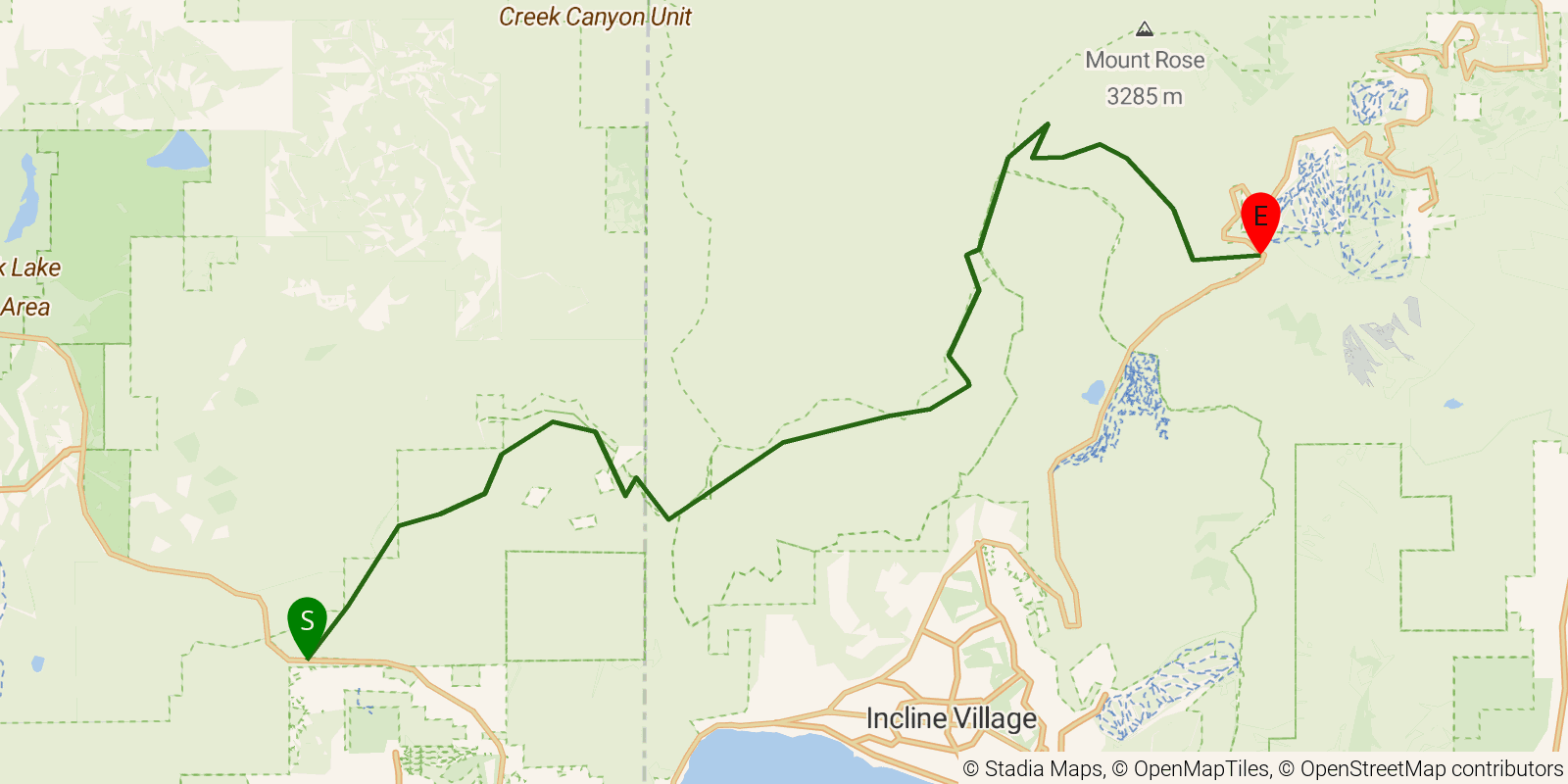 Route map of the Tahoe Rim Trail — Section 2: Brockway Summit to Mt. Rose Summit / Tahoe Meadows on OpenStreetMap terrain