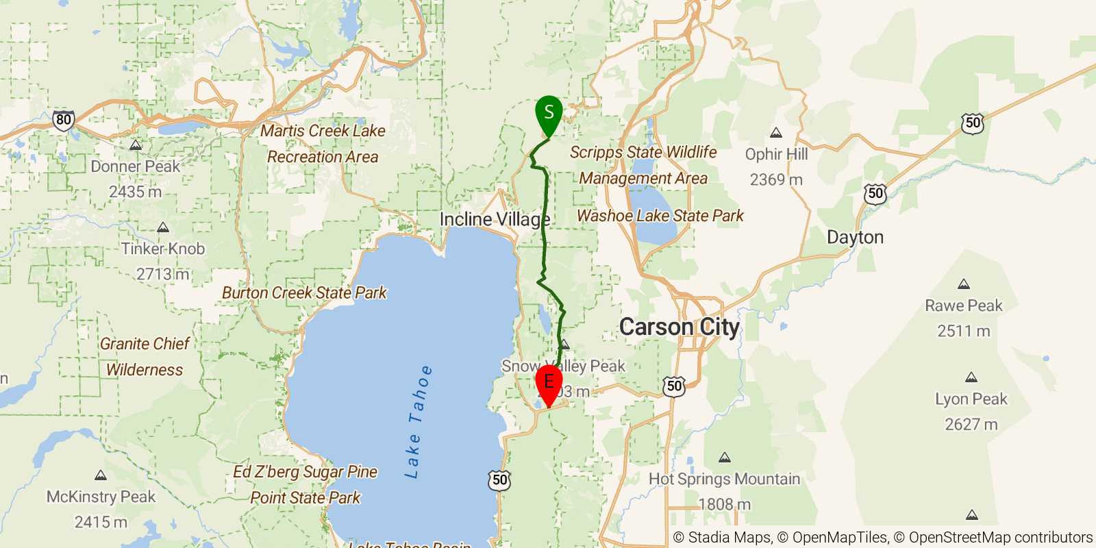 Route map of the Tahoe Rim Trail — Section 3: Mt. Rose Summit / Tahoe Meadows to Spooner Summit on OpenStreetMap terrain
