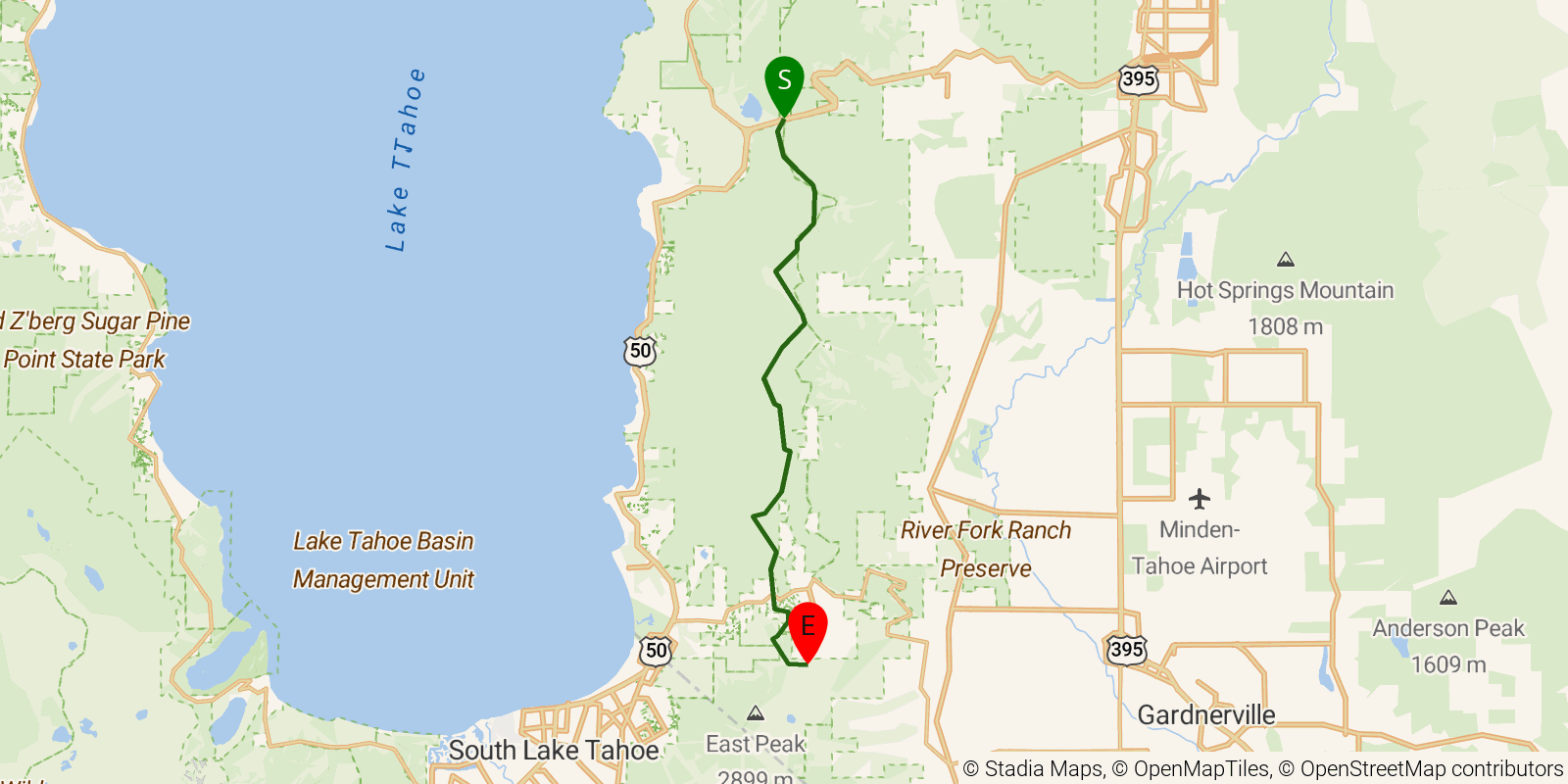 Route map of the Tahoe Rim Trail — Section 4: Spooner Summit to Kingsbury South Connector on OpenStreetMap terrain