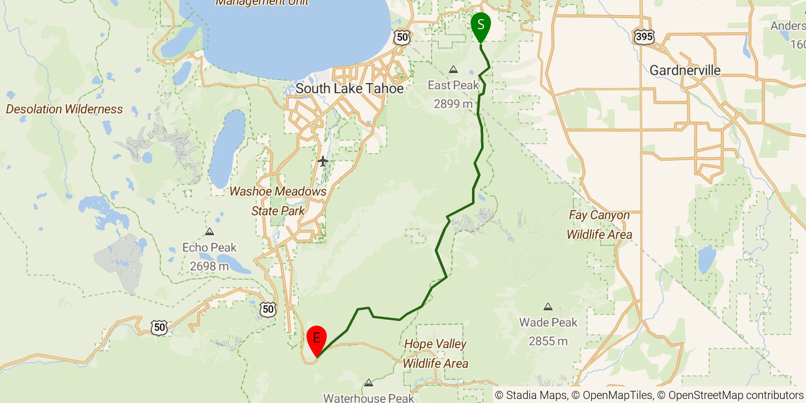 Route map of the Tahoe Rim Trail — Section 5: Kingsbury South Connector to Big Meadow on OpenStreetMap terrain