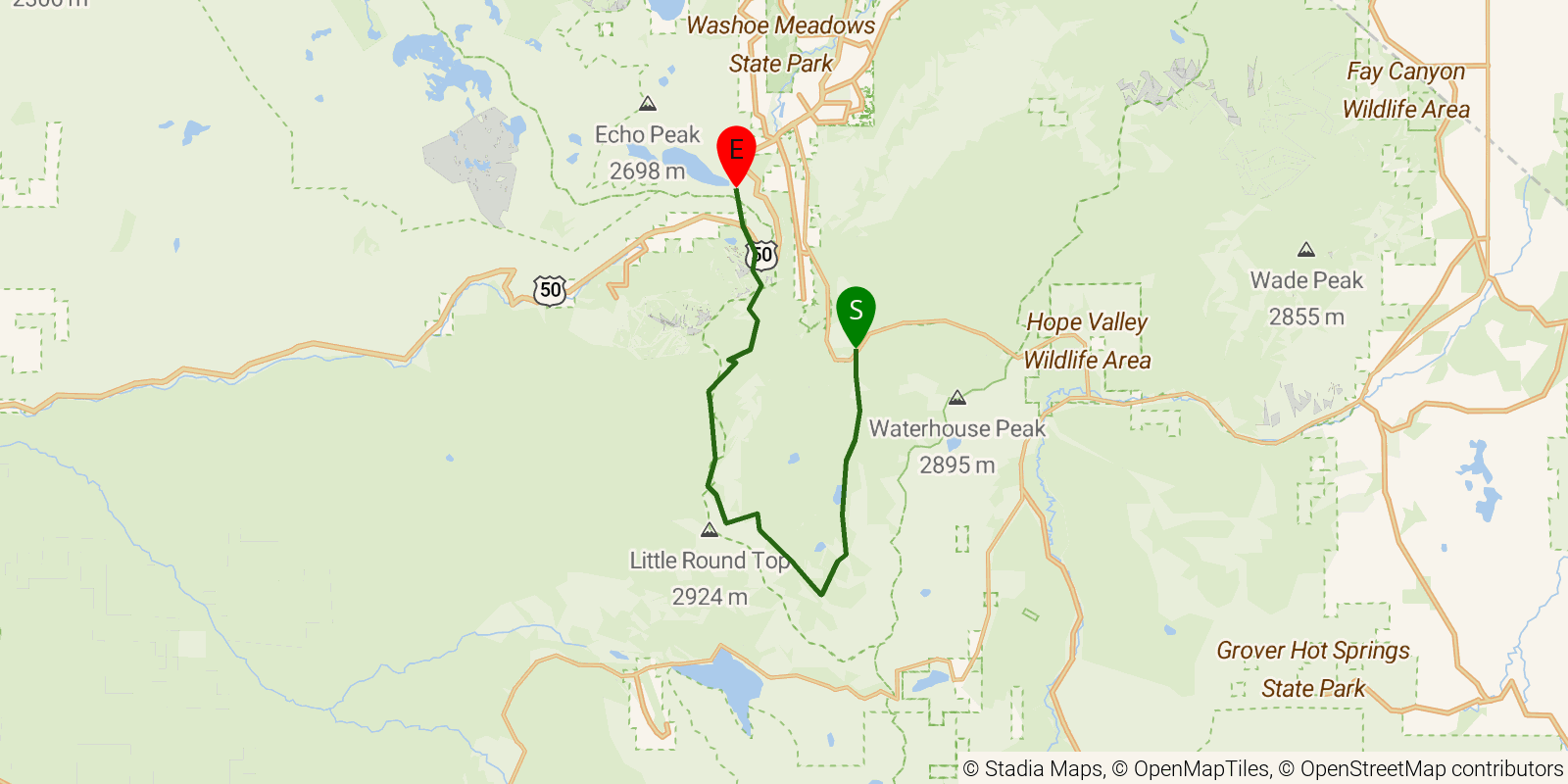 Route map of the Tahoe Rim Trail — Section 6: Big Meadow to Echo Lakes on OpenStreetMap terrain