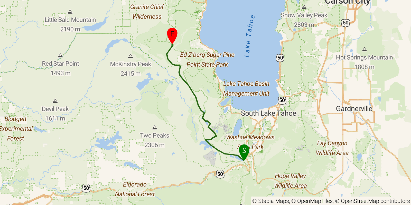 Route map of the Tahoe Rim Trail — Section 7: Echo Lakes to Barker Pass on OpenStreetMap terrain