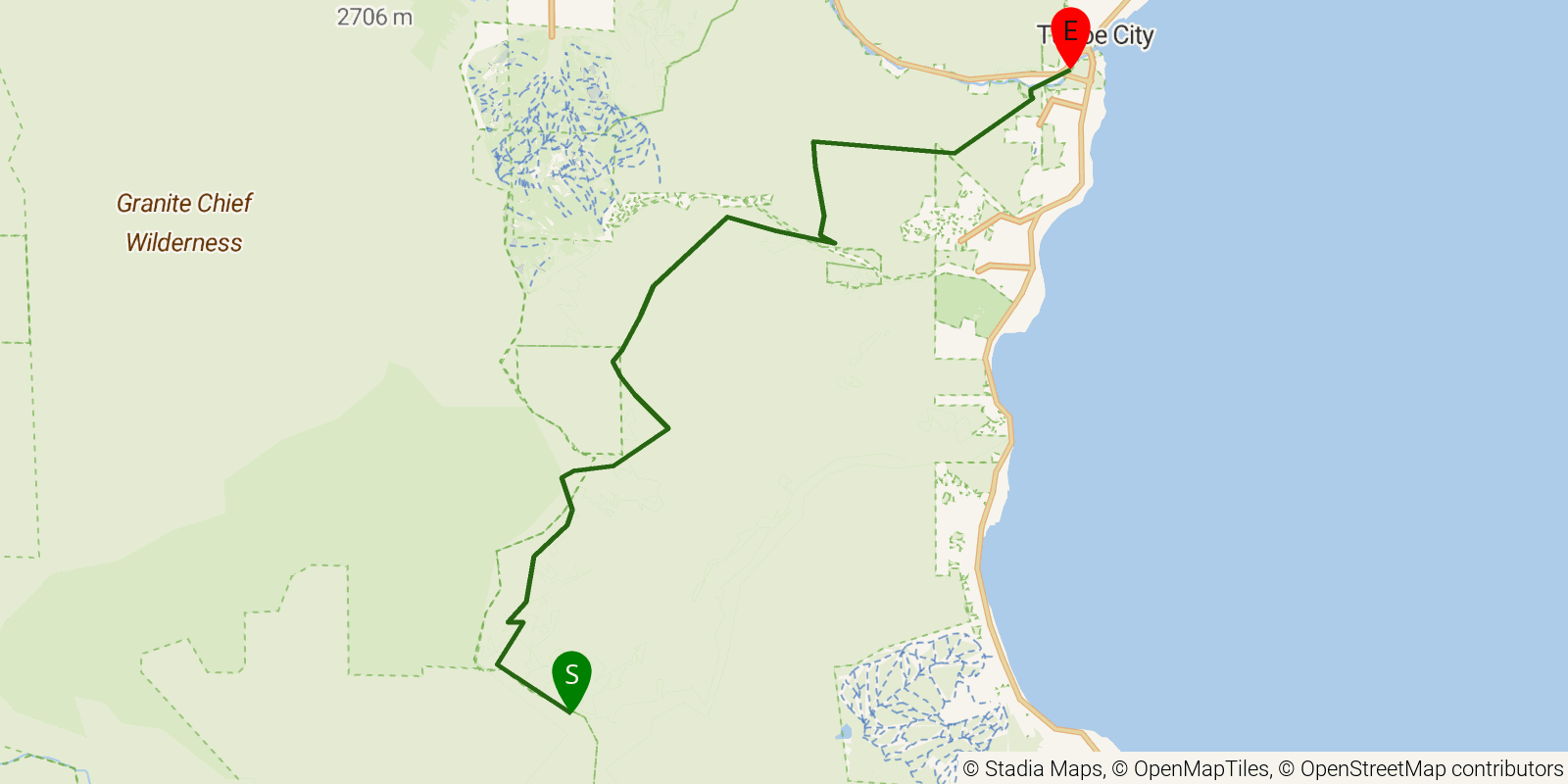 Route map of the Tahoe Rim Trail — Section 8: Barker Pass to Tahoe City on OpenStreetMap terrain