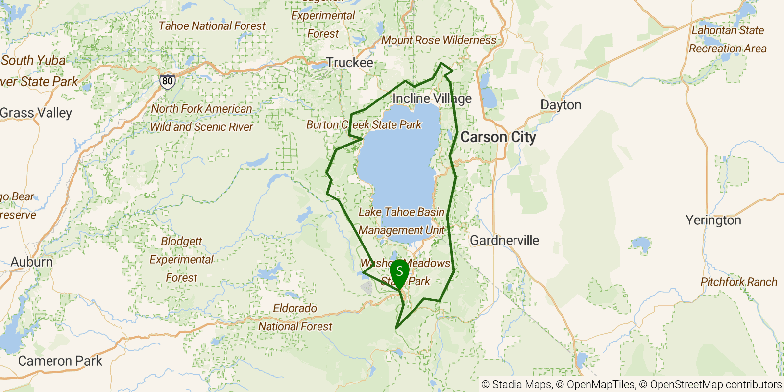 Route map of the Tahoe Rim Trail on OpenStreetMap terrain