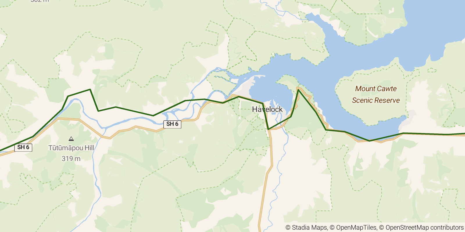Route map of the Te Araroa South Island — Section Anakiwa to Pelorus Bridge: Anakiwa to Pelorus Bridge on OpenStreetMap terrain