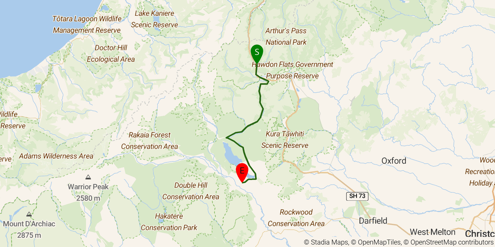 Route map of the Te Araroa South Island — Section Arthur's Pass to Rakaia River: Arthur's Pass to Rakaia River north-bank trail terminus on OpenStreetMap terrain