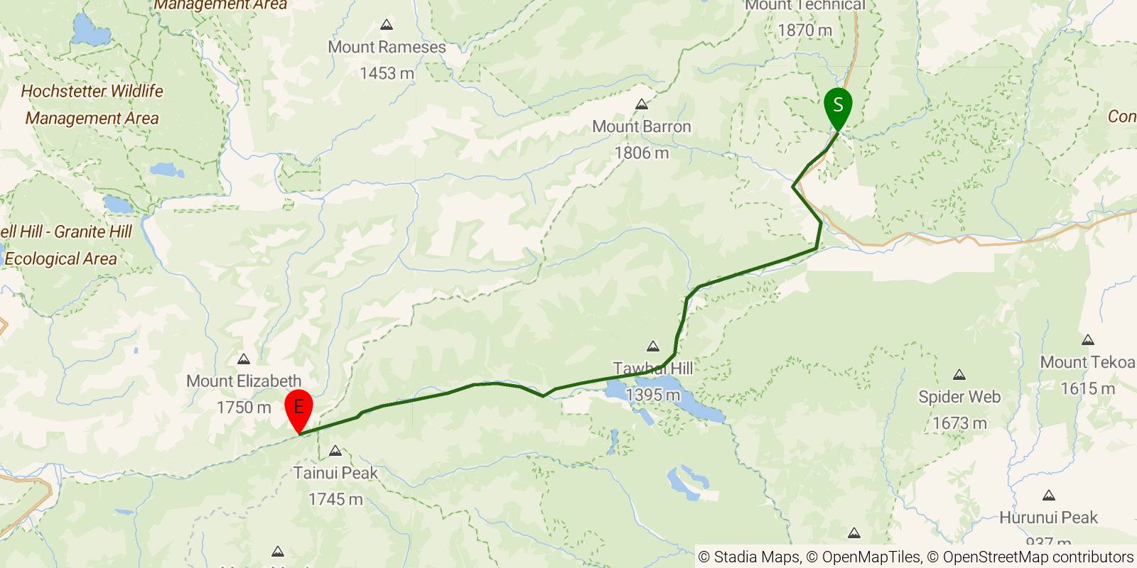 Route map of the Te Araroa South Island — Section Boyle to Arthur's Pass a: Boyle Village to Harper Pass on OpenStreetMap terrain