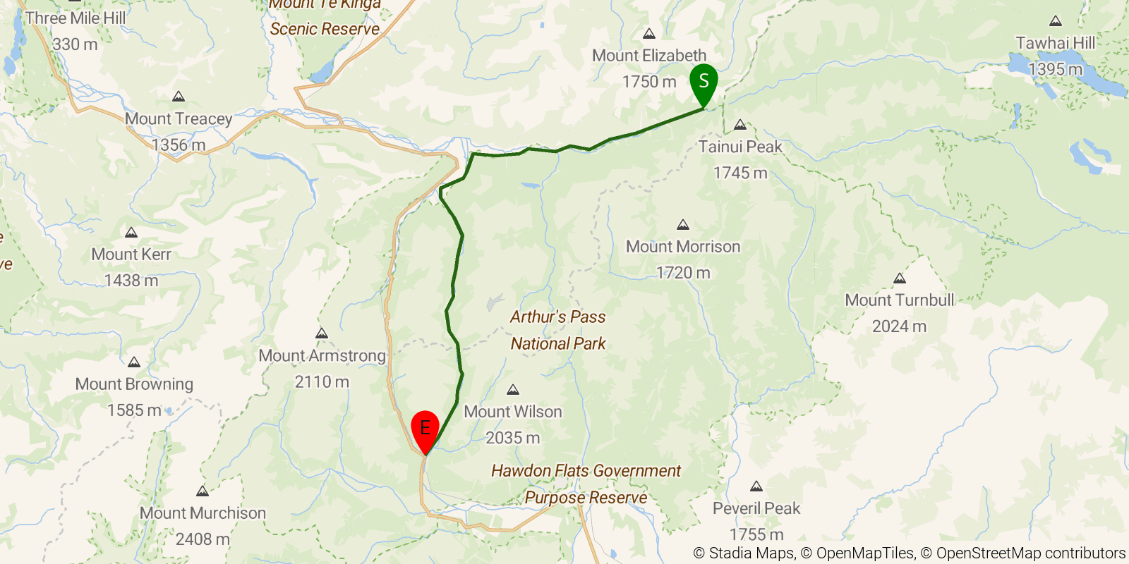 Route map of the Te Araroa South Island — Section Boyle to Arthur's Pass b: Harper Pass to Arthur's Pass on OpenStreetMap terrain