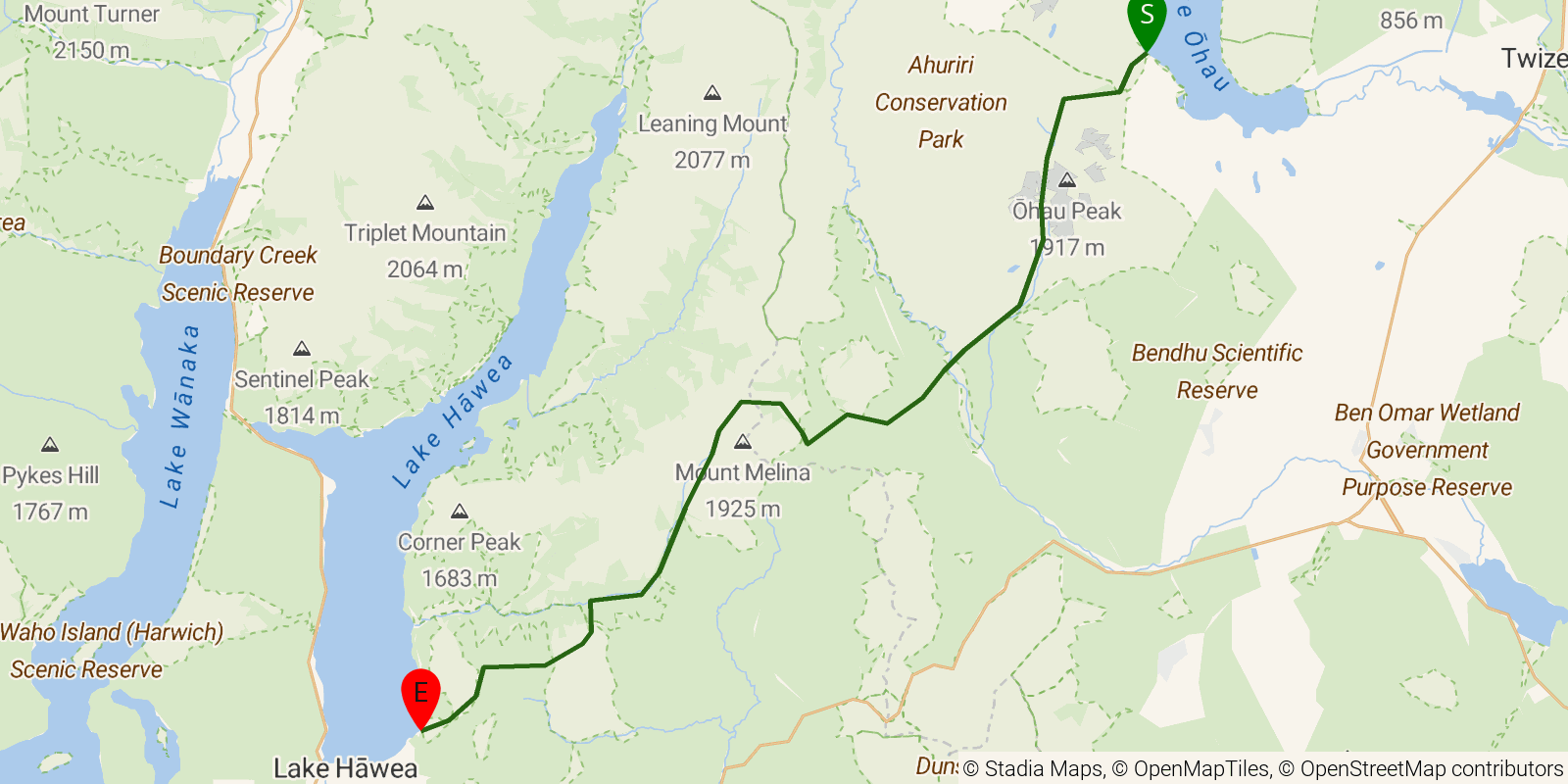 Route map of the Te Araroa South Island — Section East Ahuriri / Breast Hill: Lake Ohau to Gladstone on OpenStreetMap terrain