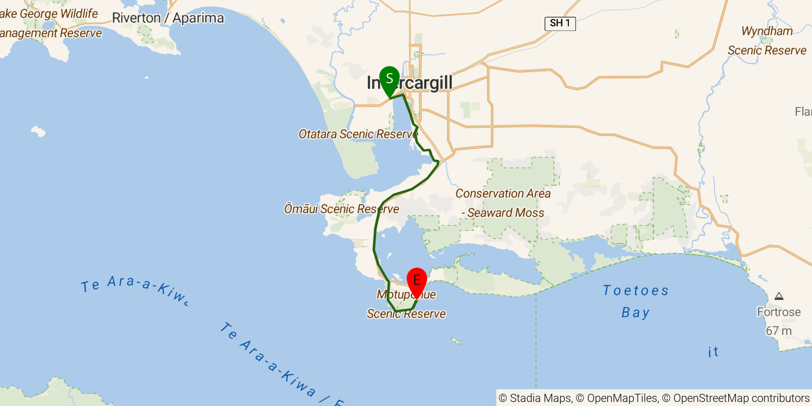 Route map of the Te Araroa South Island — Section Invercargill to Bluff: Invercargill to Stirling Point, Bluff on OpenStreetMap terrain