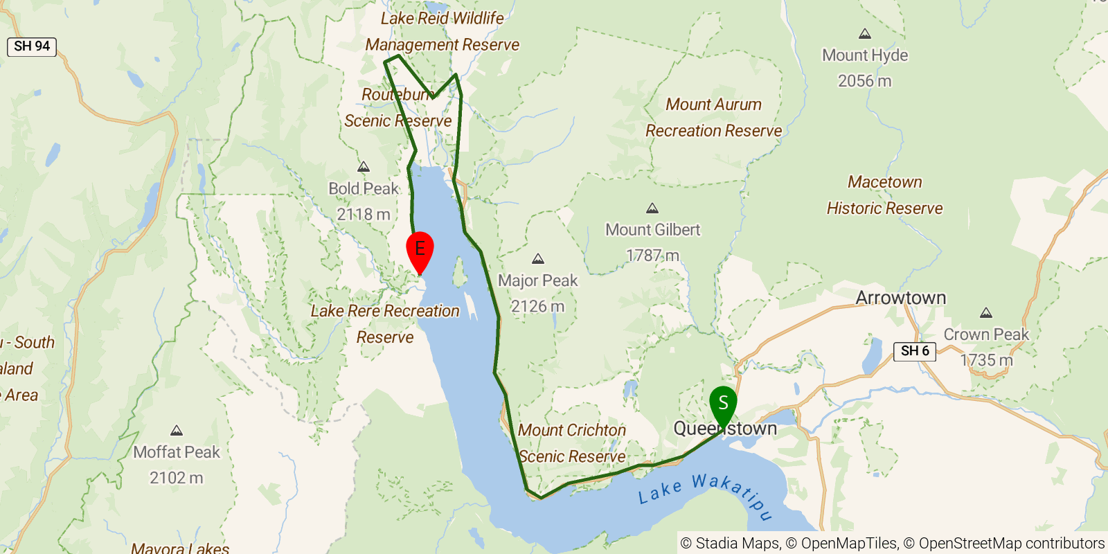 Route map of the Te Araroa South Island — Section Lake Wakatipu Bypass: Queenstown to Mavora Lakes Road on OpenStreetMap terrain