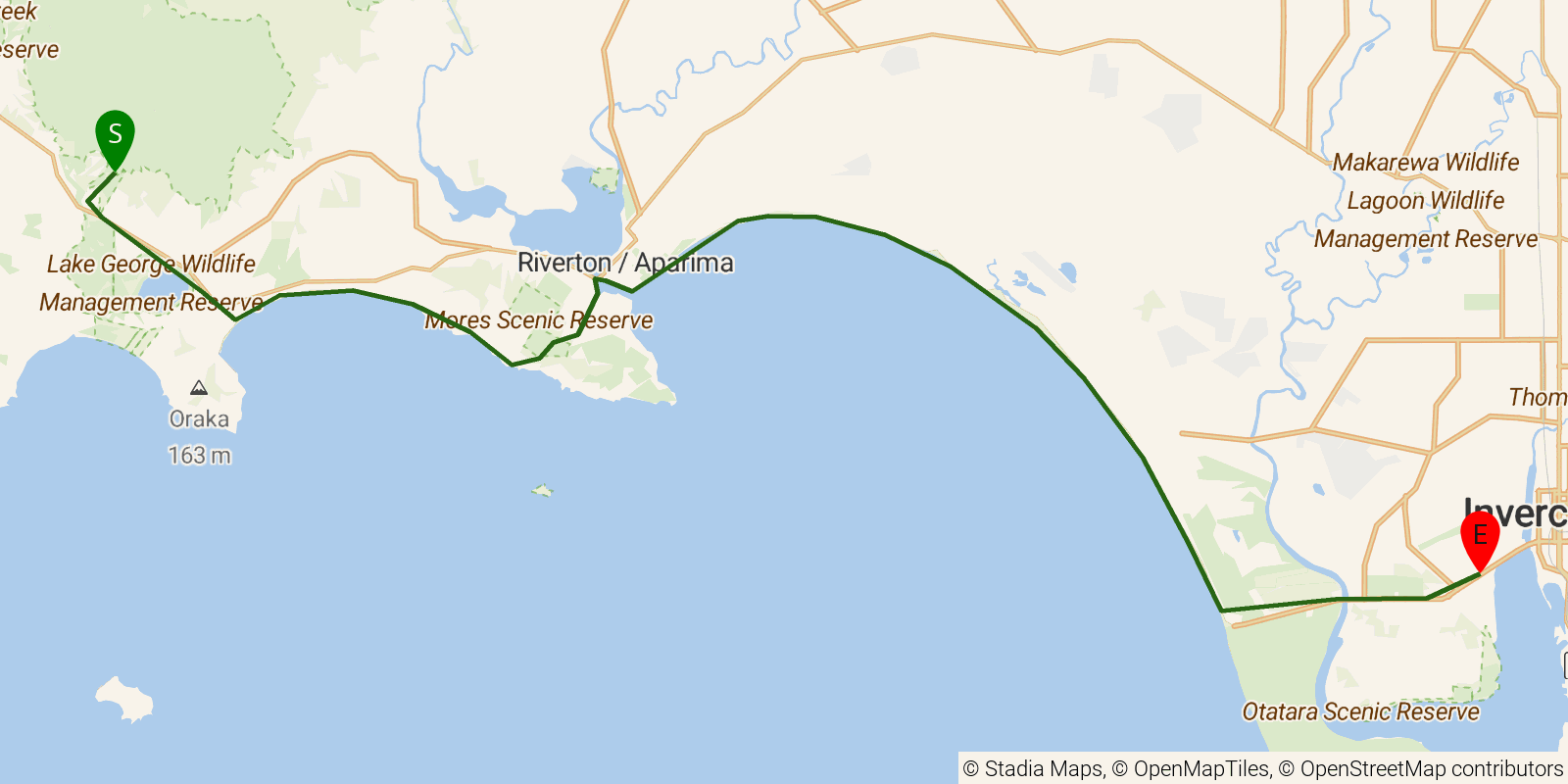 Route map of the Te Araroa South Island — Section Long Hilly / Tihaka / Oreti: Longwood Forest south trailhead to Invercargill on OpenStreetMap terrain