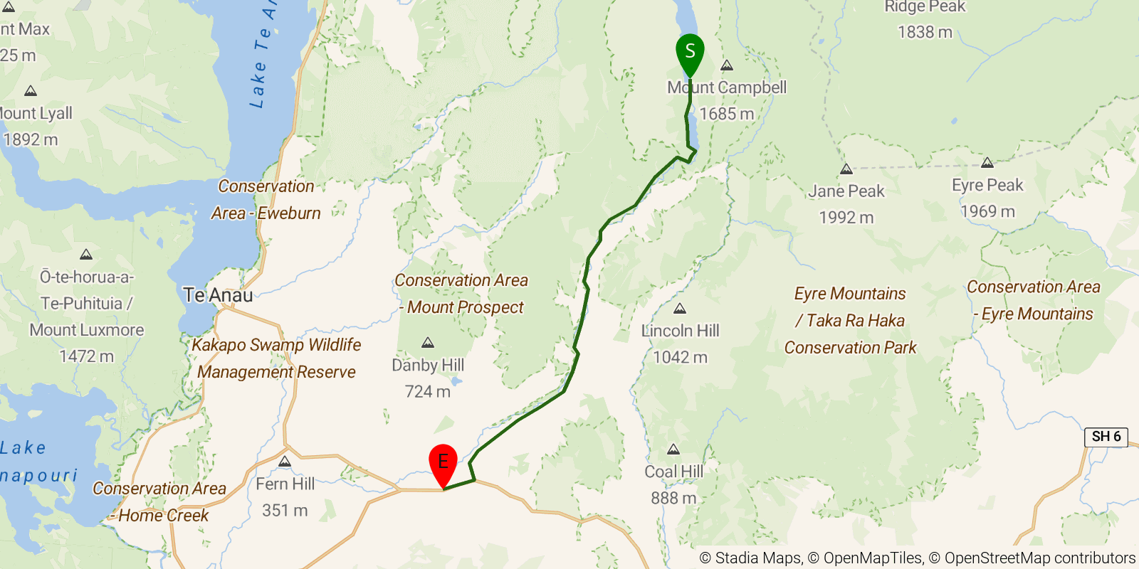 Route map of the Te Araroa South Island — Section Mararoa River Track: Mararoa River to Princhester Road on OpenStreetMap terrain