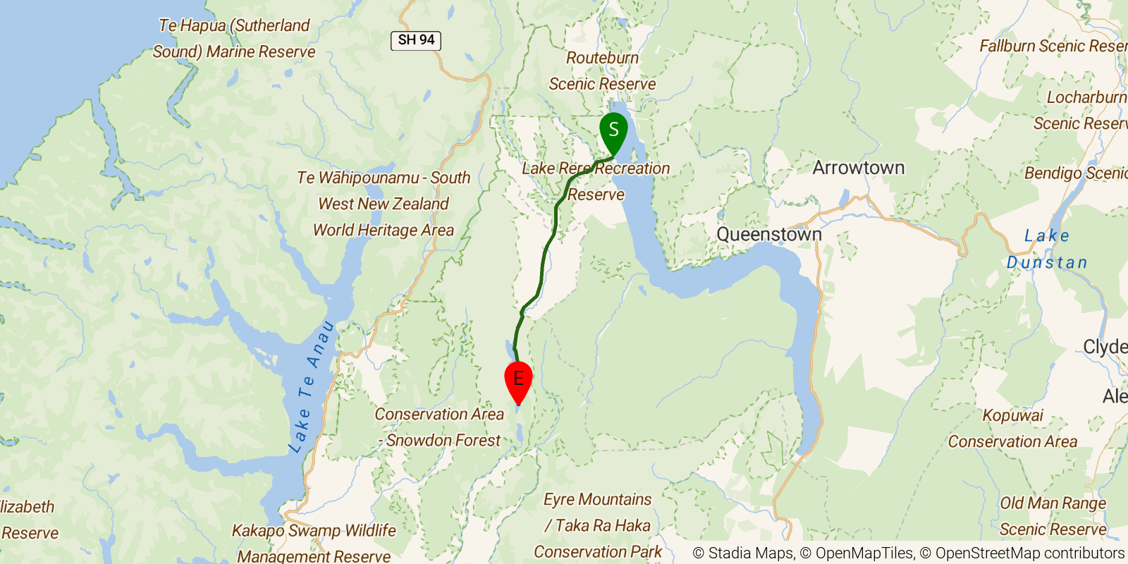 Route map of the Te Araroa South Island — Section Mavora Walkway: Mavora Lakes Road to Mararoa River on OpenStreetMap terrain