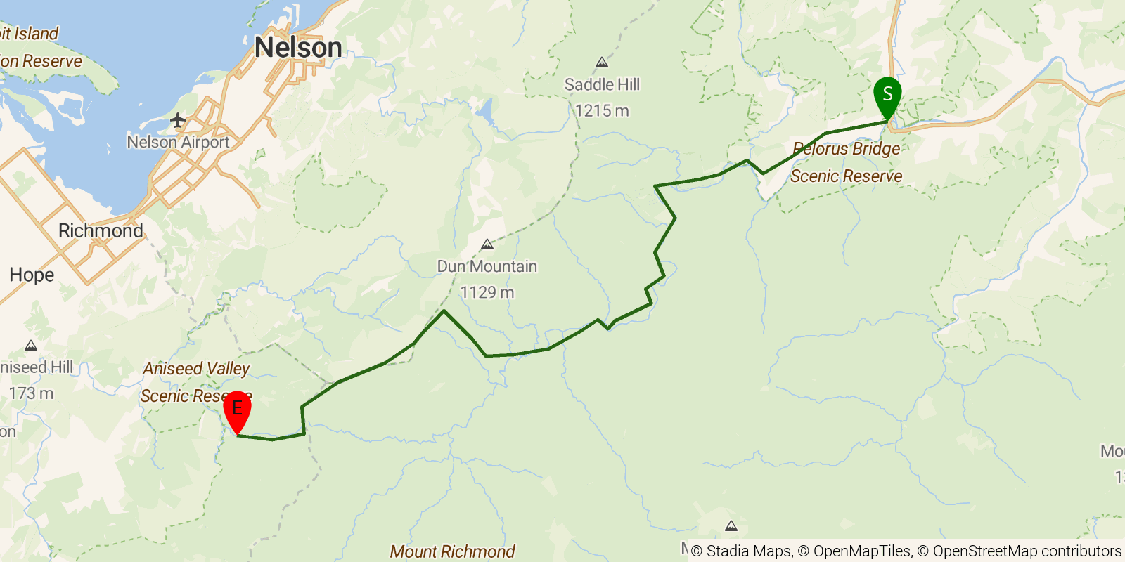 Route map of the Te Araroa South Island — Section Pelorus River Track: Pelorus Bridge to Hacket Hut on OpenStreetMap terrain